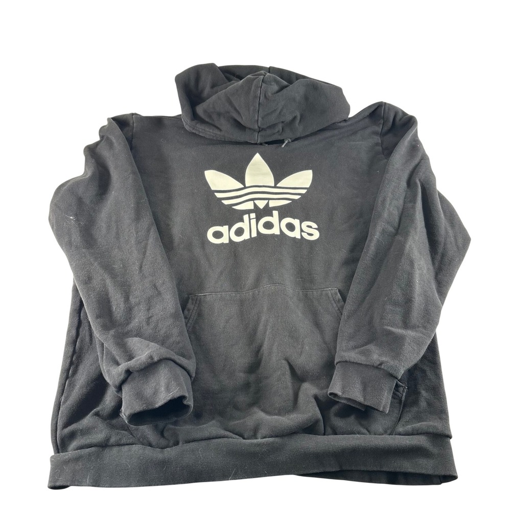 Adidas Originals Trefoil Hoodie Mens Large Black White Logo Pullover 100% Cotton
